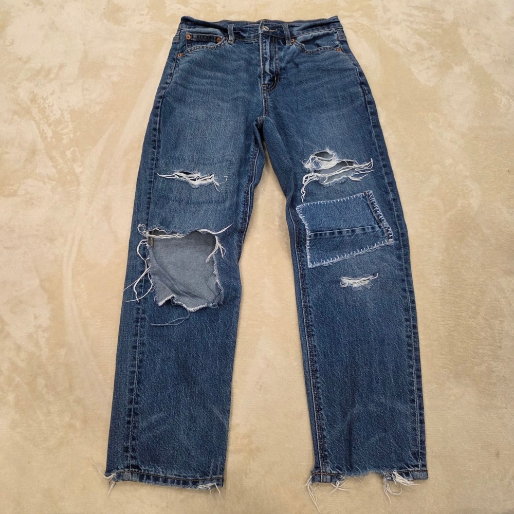 American Eagle Distressed Patchwork Jeans Size 2 Short Ripped Patch Blue Denim